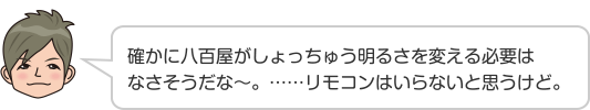 確かに八百屋がしょっちゅう明るさを変える必要はなさそうだな〜。……リモコンはいらないと思うけど。