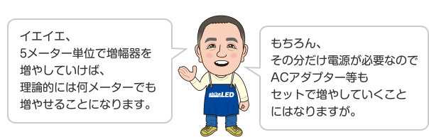 イエイエ、5メーター単位で増幅器を増やしていけば、理論的には何メーターでも増やせることになります。もちろん、その分だけ電源が必要なのでACアダプター等もセットで増やしていくことにはなりますが。