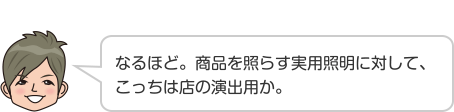 なるほど。商品を照らす実用照明に対して、こっちは店の演出用か。