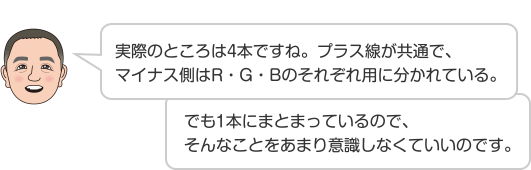 実際のところは4本ですね。プラス線が共通で、マイナス側はR・G・Bのそれぞれ用に分かれている。 でも1本にまとまっているので、そんなことをあまり意識しなくていいのです。