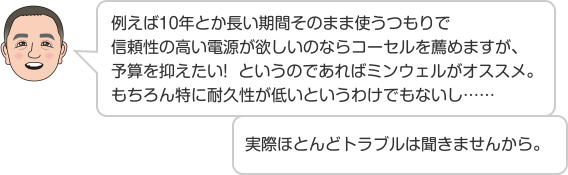 例えば10年とか長い期間そのまま使うつもりで信頼性の高い電源が欲しいのならコーセルを薦めますが、予算を抑えたい!  というのであればミンウェルがオススメ。もちろん特に耐久性が低いというわけでもないし……実際ほとんどトラブルは聞きませんから。