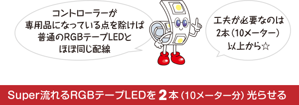 コントローラーが専用品になっている点を除けば普通のRGBテープLEDとほぼ同じ配線 工夫が必要なのは2本（10メーター）以上から☆ Super流れるRGBテープLEDを2本（10メーター分）光らせる