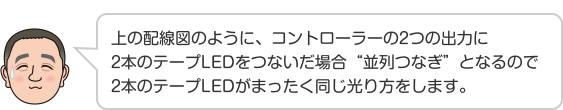 上の配線図のように、コントローラーの2つの出力に2本のテープLEDをつないだ場合“並列つなぎ”となるので2本のテープLEDがまったく同じ光り方をします。