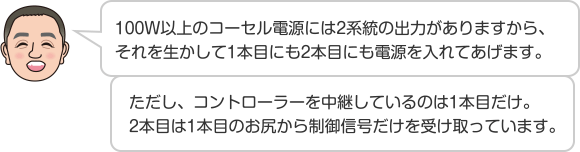 100W以上のコーセル電源には2系統の出力がありますから、それを生かして1本目にも2本目にも電源を入れてあげます。 ただし、コントローラーを中継しているのは1本目だけ。2本目は1本目のお尻から制御信号だけを受け取っています。