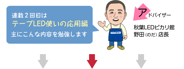 連載２回目はテープLED使いの応用編 主にこんな内容を勉強します アドバイザー 秋葉LEDピカリ館野田（のだ）店長