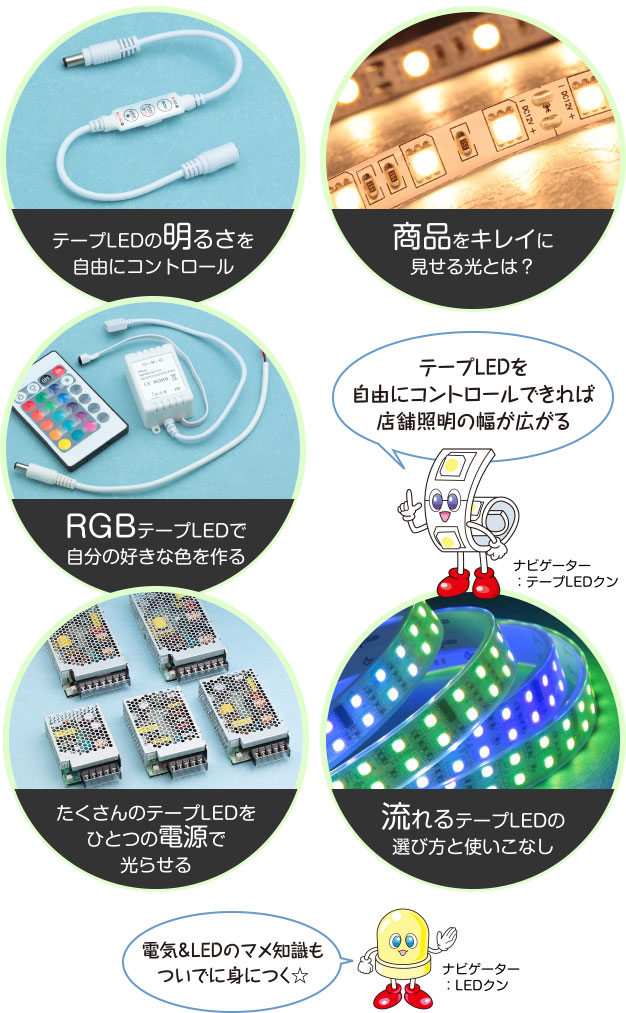 テープLEDの明るさを自由にコントロール 商品をキレイに見せる光とは？ RGBテープLEDで自分の好きな色を作る たくさんのテープLEDをひとつの電源で光らせる 流れるテープLEDの選び方と使いこなし