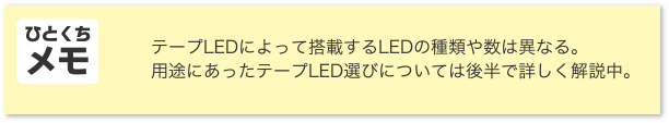 ひとくちメモ テープLEDによって搭載するLEDの種類や数は異なる。用途にあったテープLED選びについては後半で詳しく解説中。