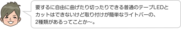 要するに自由に曲げたり切ったりできる普通のテープLEDとカットはできないけど取り付けが簡単なライトバーの、2種類があるってことか〜。