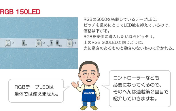 RGB 150LED RGBの5050を搭載しているテープLED。ピッチを長めにとってLED数を抑えているので、価格は下がる。RGBを安価に導入したいならピッタリ。上のRGB 300LEDと同じように、光に動きのあるものと動きのないものに分かれる。 RGBテープLEDは単体では使えません。コントローラーなども必要になってくるので、そのへんは連載第２回目で紹介していきますね。