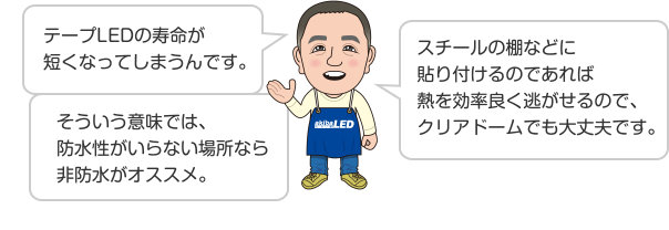 テープLEDの寿命が短くなってしまうんです。 そういう意味では、防水性がいらない場所なら非防水がオススメ。 スチールの棚などに貼り付けるのであれば熱を効率良く逃がせるので、クリアドームでも大丈夫です。