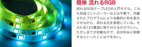 簡単 流れるRGB 流れるRGBテープLEDの入門モデル。これも別途コントローラーなどは不要で、内蔵されたプログラムにより自動的に色を変化させながら、流れる光を表現している。そのため12V電源に取り付けるだけでいい。ただし全てが自動なので、自分好みに制御するといったことはできない。