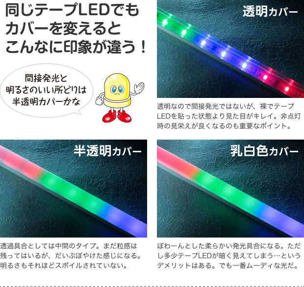 同じテープLEDでもカバーを変えるとこんなに印象が違う！ 間接発光と明るさのいい所どりは半透明カバーかな 透明なので間接発光ではないが、裸でテープLEDを貼った状態より見た目がキレイ。非点灯時の見栄えが良くなるのも重要なポイント。 透過具合としては中間のタイプ。まだ粒感は残ってはいるが、だいぶぼやけた感じになる。明るさもそれほどスポイルされていない。 ぼわーんとした柔らかい発光具合になる。ただし多少テープLEDが暗く見えてしまう…というデメリットはある。でも一番ムーディな光だ。