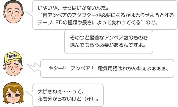 いやいや、そうはいかないんだ。“何アンペアのアダプターが必要になるかは光らせようとするテープLEDの種類や長さによって変わってくる”ので、そのつど最適なアンペア数のものを選んでもらう必要があるんですよ。 キター!!　アンペア!!　電気用語はわかんねぇよぉぉぉ。 大げさねぇ……って、私も分からないけど（汗）。