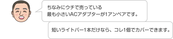 ちなみにウチで売っている最も小さいACアダプターが1アンペアです。 短いライトバー1本だけなら、コレ1個でカバーできます。