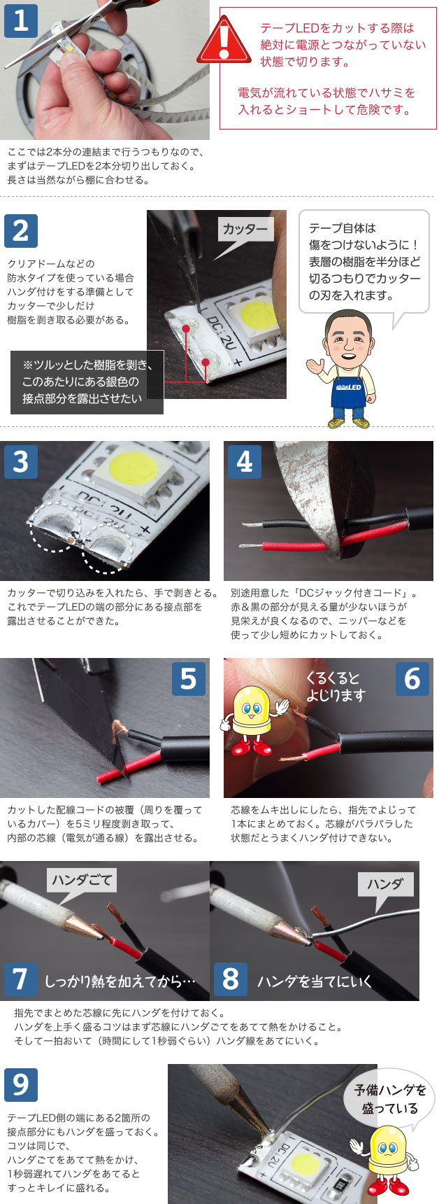 1 ここでは2本分の連結まで行うつもりなので、まずはテープLEDを2本分切り出しておく。長さは当然ながら棚に合わせる。 テープLEDをカットする際は絶対に電源とつながっていない状態で切ります。 電気が流れている状態でハサミを入れるとショートして危険です。 2 クリアドームなどの防水タイプを使っている場合ハンダ付けをする準備としてカッターで少しだけ樹脂を剥き取る必要がある。 ※ツルッとした樹脂を剥き、このあたりにある銀色の接点部分を露出させたい テープ自体は傷をつけないように！表層の樹脂を半分ほど切るつもりでカッターの刃を入れます。 3 カッターで切り込みを入れたら、手で剥きとる。これでテープLEDの端の部分にある接点部を露出させることができた。 4 別途用意した「DCジャック付きコード」。赤＆黒の部分が見える量が少ないほうが見栄えが良くなるので、ニッパーなどを使って少し短めにカットしておく。 5 カットした配線コードの被覆（周りを覆っているカバー）を5ミリ程度剥き取って、内部の芯線（電気が通る線）を露出させる。 6 芯線をムキ出しにしたら、指先でよじって1本にまとめておく。芯線がパラパラした状態だとうまくハンダ付けできない。 7 8 指先でまとめた芯線に先にハンダを付けておく。ハンダを上手く盛るコツはまず芯線にハンダごてをあてて熱をかけること。そして一拍おいて（時間にして1秒弱ぐらい）ハンダ線をあてにいく。 9 テープLED側の端にある2箇所の接点部分にもハンダを盛っておく。コツは同じで、ハンダごてをあてて熱をかけ、1秒弱遅れてハンダをあてるとすっとキレイに盛れる。 予備ハンダを盛っている